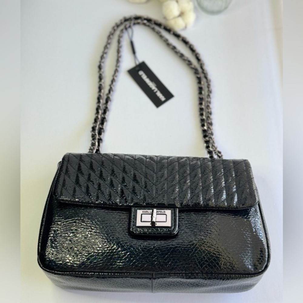 KARL LAGERFELD AGYNESS  SHOULDER BAG BLACK SNAKE EMBOSSED QUILTED PATENT